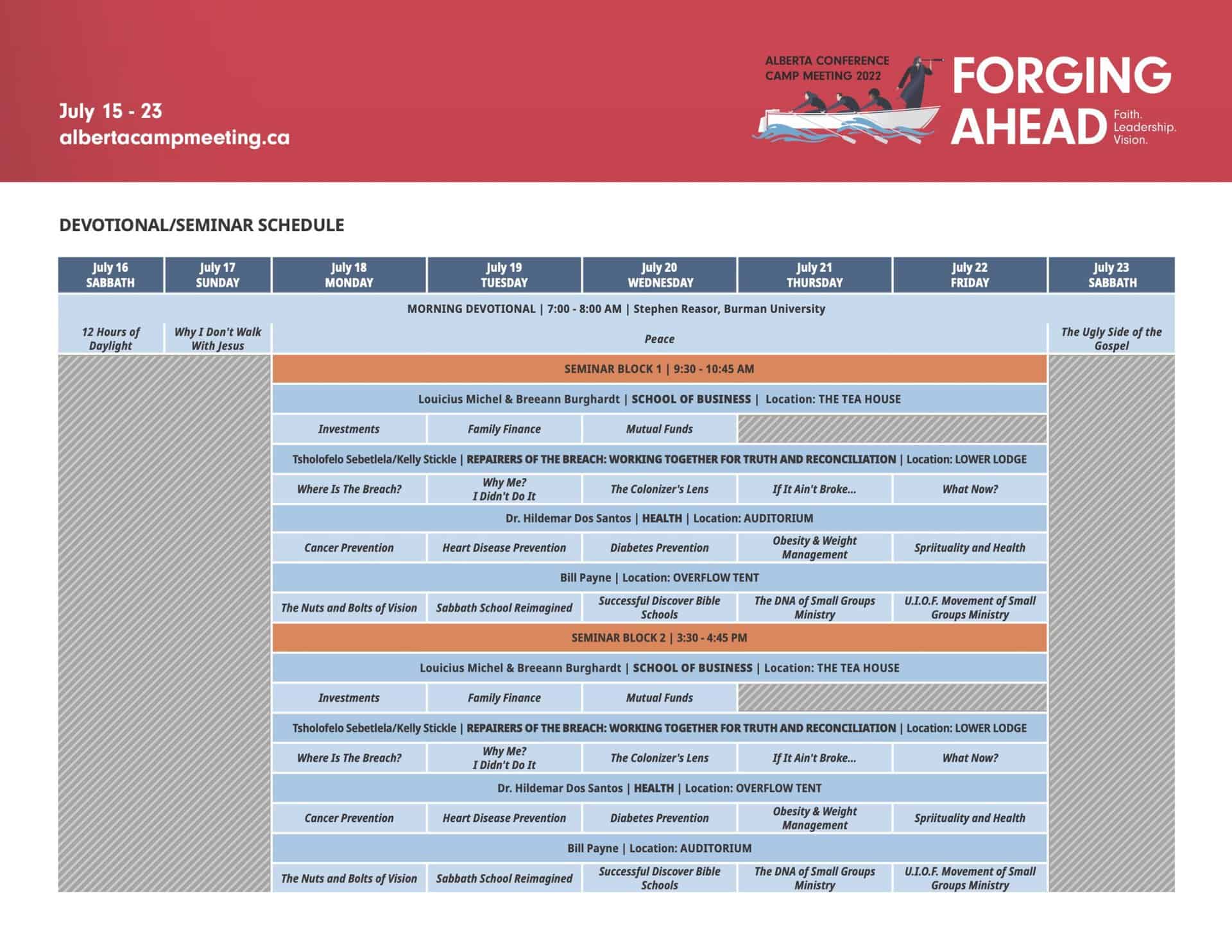 Forging Ahead Devotional/Seminar Schedule